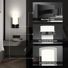 Modern Wall Sconces Set of 2 - Matte Black Industrial Glass Shade Vanity Lights