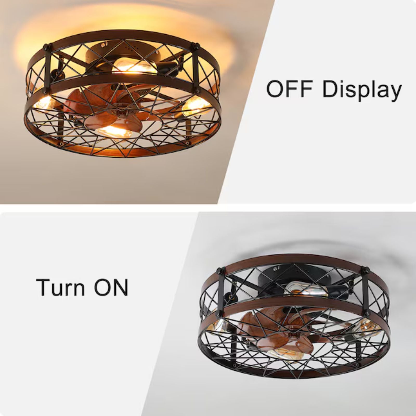 Caged Ceiling Fan with Lights Black – 20" Flush Mount Farmhouse Small Ceiling Fan, E26 Bulbs Included