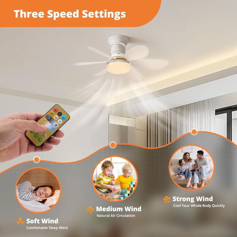 Screw In Ceiling Fan Light with Remote – 6 Blade LED Fan for Bedroom & Kitchen, Light Socket Extender Included