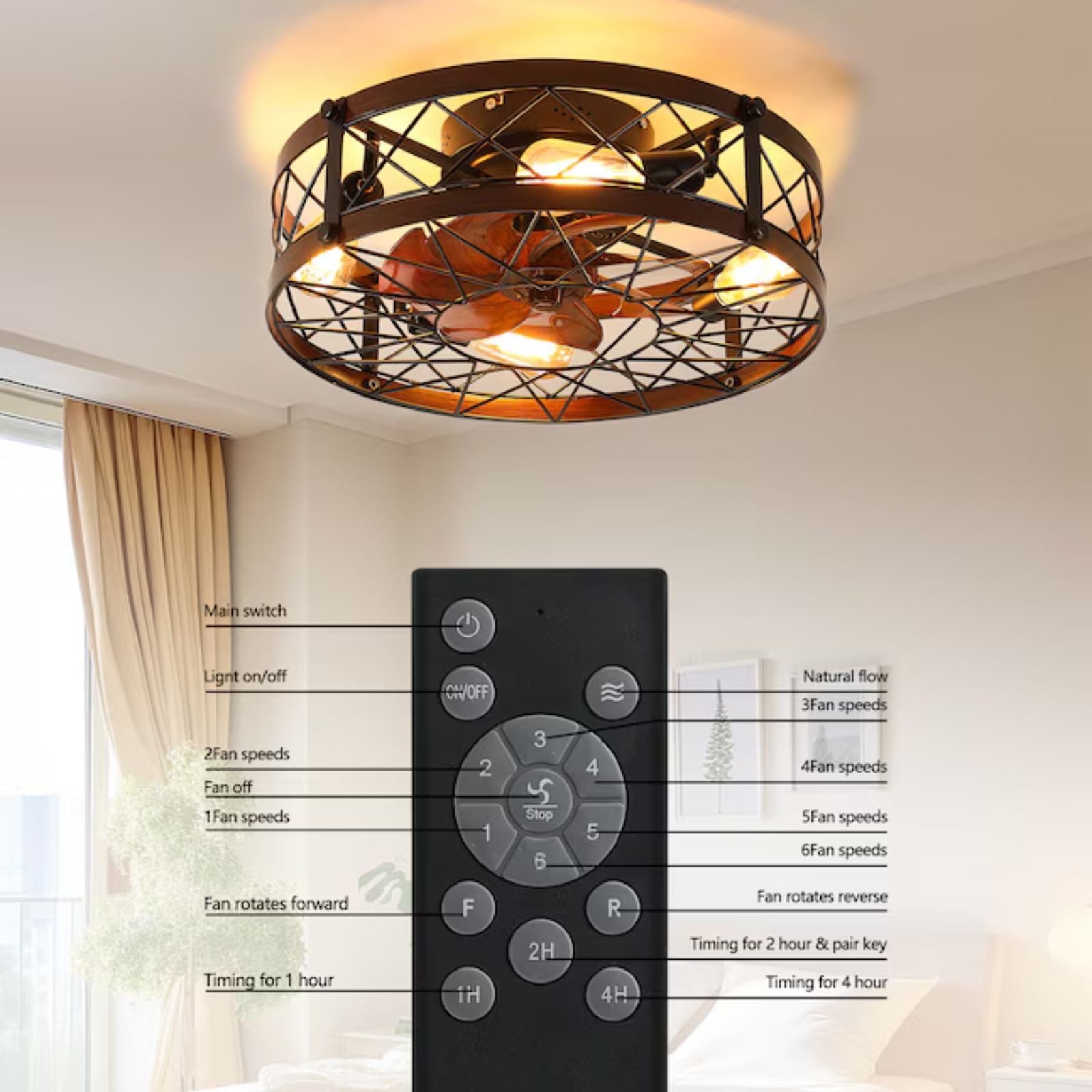 Caged Ceiling Fan with Lights Black – 20" Flush Mount Farmhouse Small Ceiling Fan, E26 Bulbs Included