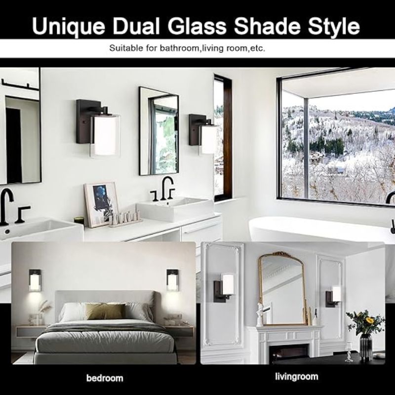 Modern Wall Sconces Set of 2  - Matte Black Industrial Glass Shade Vanity Lights
