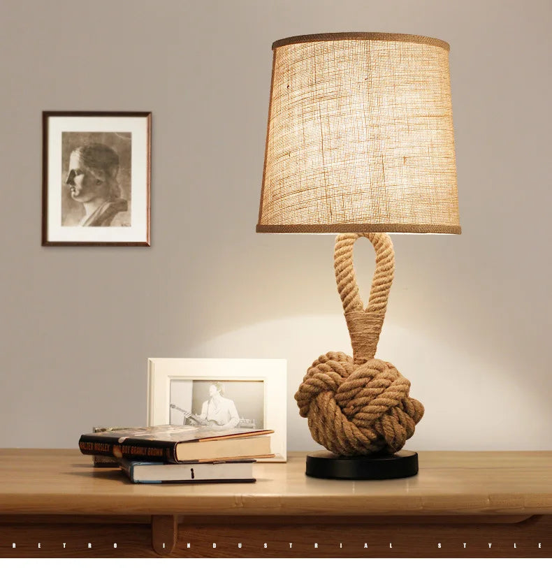 Vintage Hemp Rope Table Lamp – E27 Bedside Light for Bedroom & Study