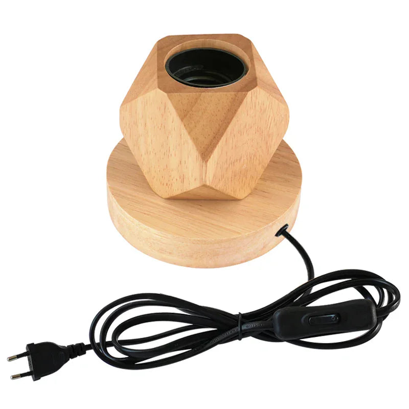 Wooden geometric lamp with black cord and plug 