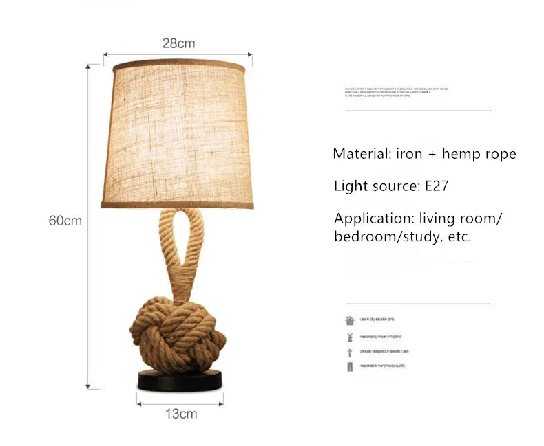 Vintage Hemp Rope Table Lamp – E27 Bedside Light for Bedroom & Study