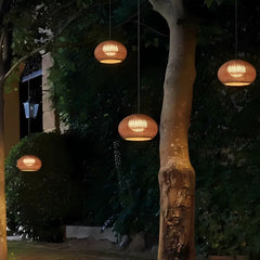 Decorative hanging lights in a garden setting with trees and a building in the background.