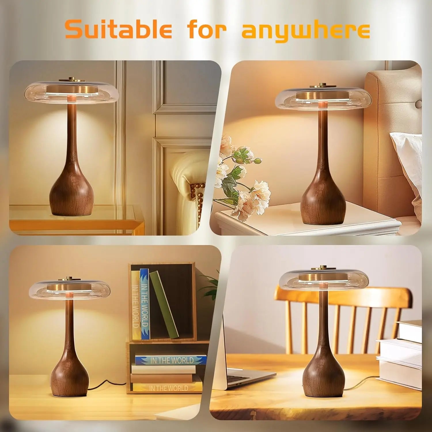 12W Vintage Copper Desk Lamp – Adjustable LED Light with Wooden Base & Glass Shade