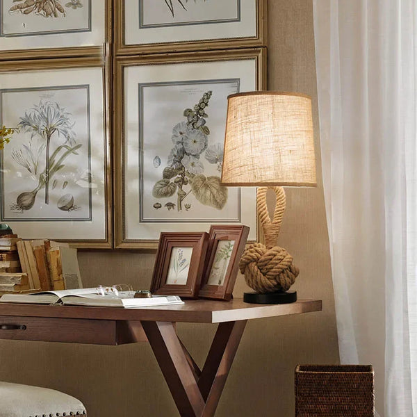 Vintage Hemp Rope Table Lamp – E27 Bedside Light for Bedroom & Study