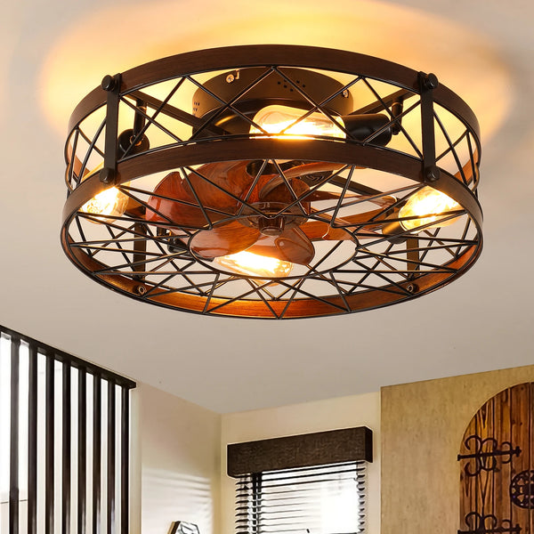 Caged Ceiling Fan with Lights Black – 20" Flush Mount Farmhouse Small Ceiling Fan, E26 Bulbs Included