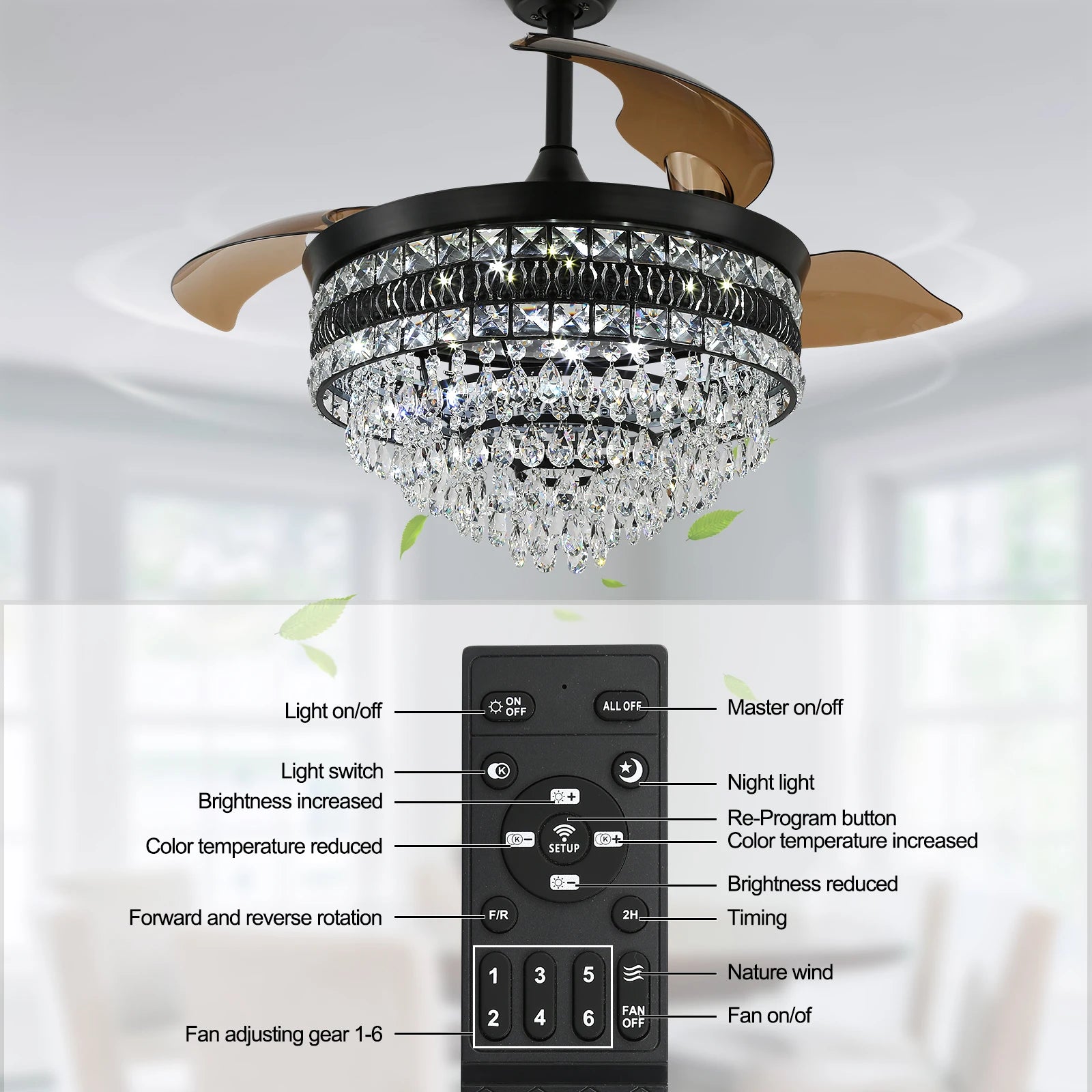Smart Ceiling Fan with LED Light – APP & Remote Control, 6 Speeds, 3 Head Fandelier Lamp for Bedroom and Indoor Lighting