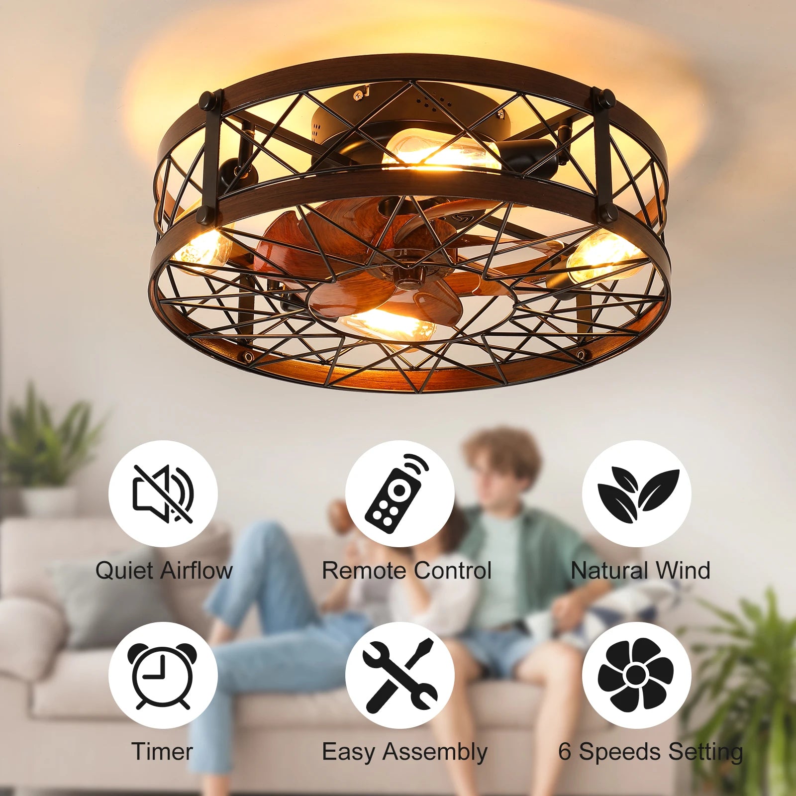 Caged Ceiling Fan with Lights Black – 20" Flush Mount Farmhouse Small Ceiling Fan, E26 Bulbs Included