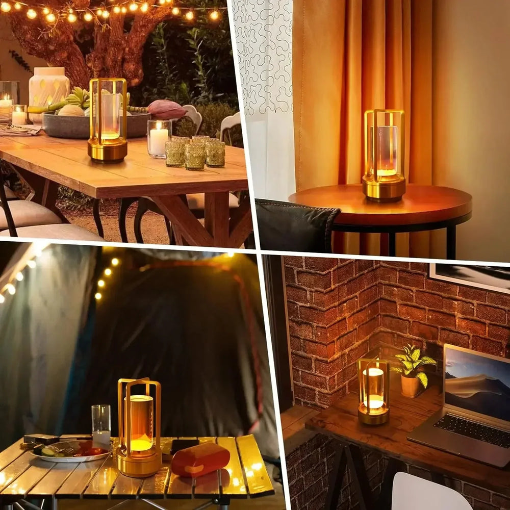 Collage of a decorative lamp in various settings including a table