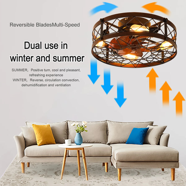 Caged Ceiling Fan with Lights Black – 20" Flush Mount Farmhouse Small Ceiling Fan, E26 Bulbs Included