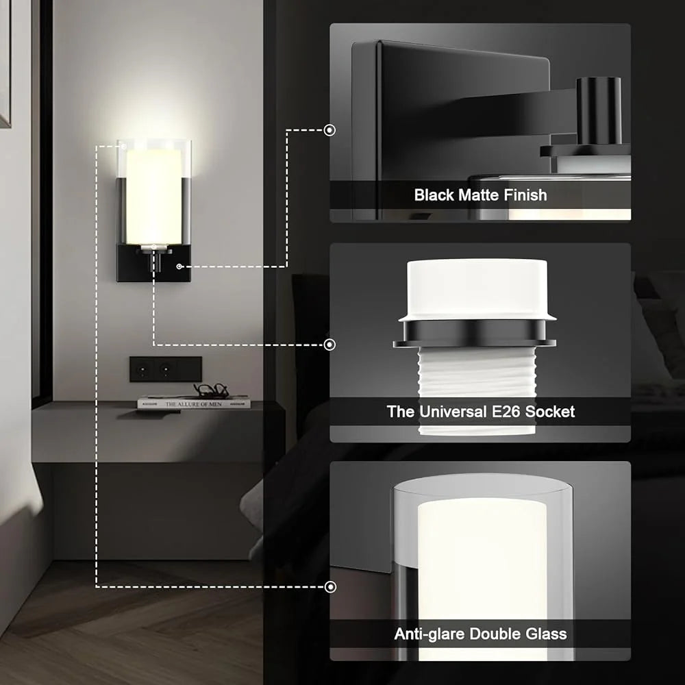 Modern Wall Sconces Set of 2  - Matte Black Industrial Glass Shade Vanity Lights