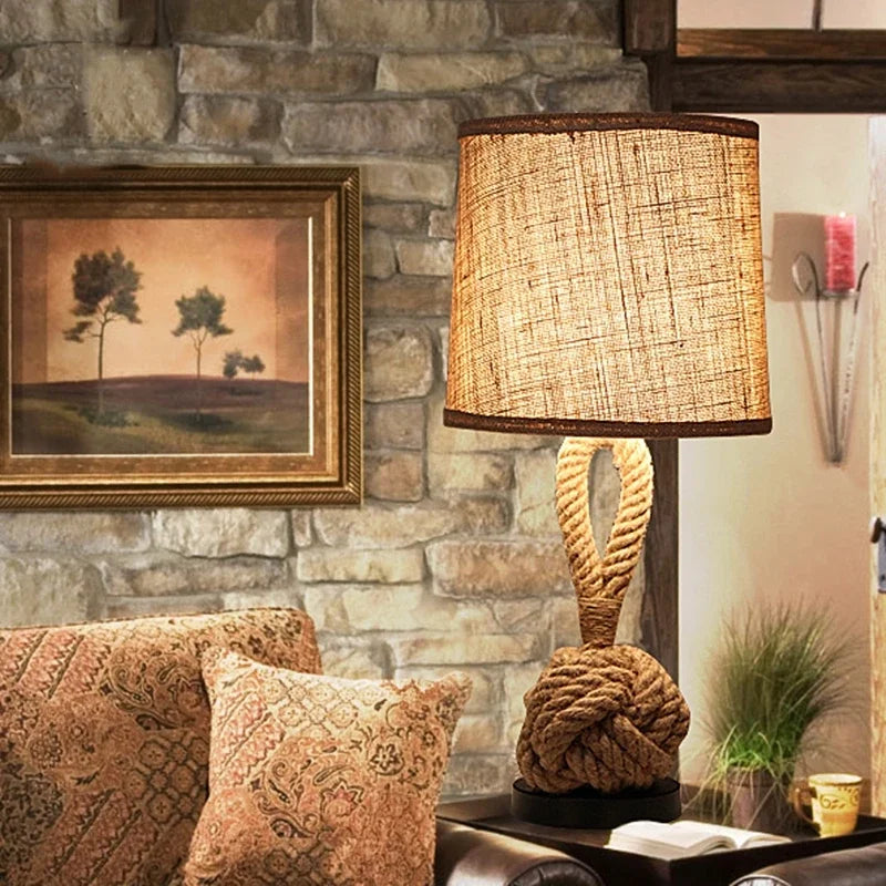 Vintage Hemp Rope Table Lamp – E27 Bedside Light for Bedroom & Study