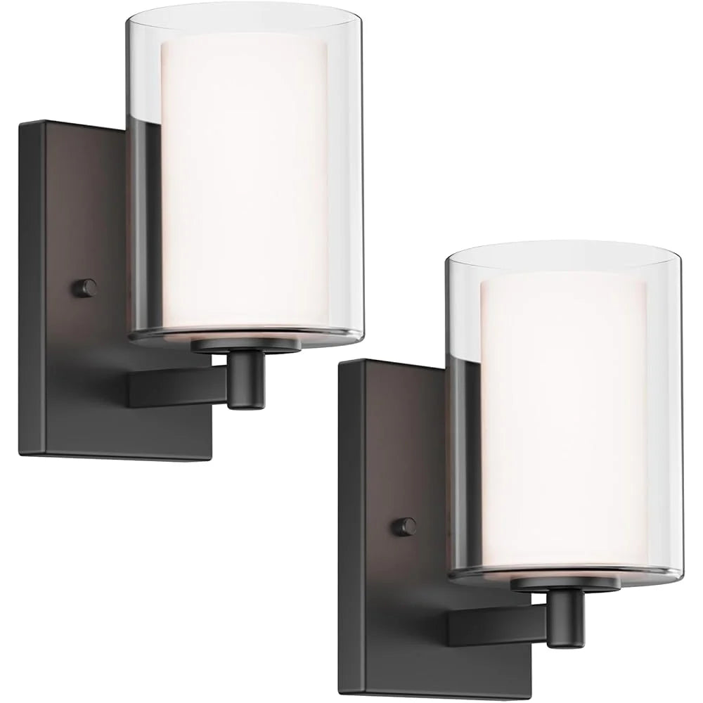 Modern Wall Sconces Set of 2  - Matte Black Industrial Glass Shade Vanity Lights