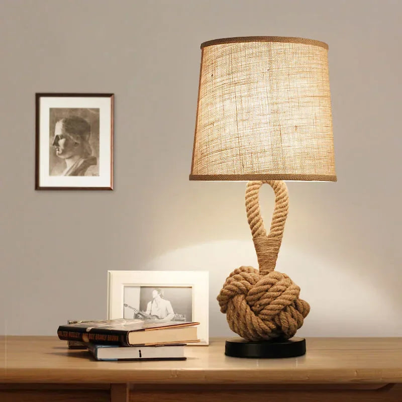 Vintage Hemp Rope Table Lamp – E27 Bedside Light for Bedroom & Study