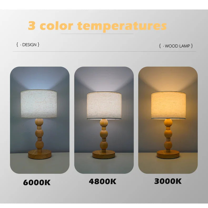 Three wooden table lamps with different color temperatures on a neutral background.