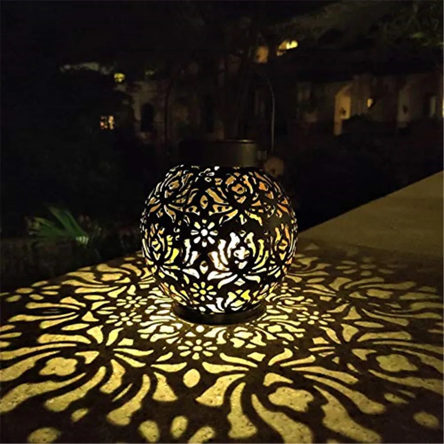 Waterproof Outdoor Solar Garden Light – Iron Art Hanging LED Lantern, Hollow Projection Landscape Decor Light