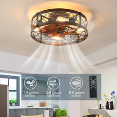 Caged Ceiling Fan with Lights Black – 20" Flush Mount Farmhouse Small Ceiling Fan, E26 Bulbs Included