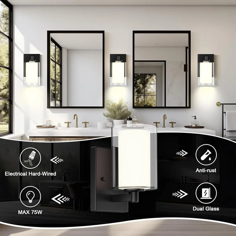 Modern Wall Sconces Set of 2  - Matte Black Industrial Glass Shade Vanity Lights