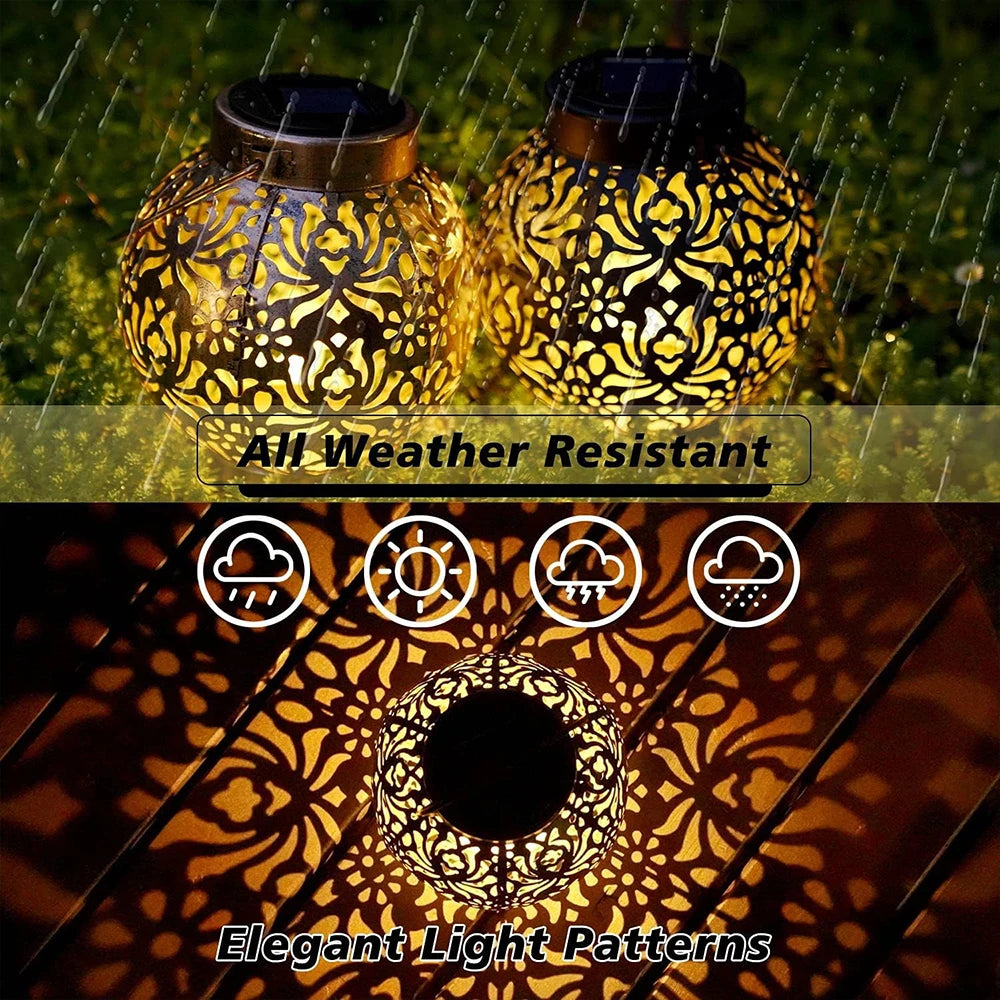 Waterproof Outdoor Solar Garden Light – Iron Art Hanging LED Lantern, Hollow Projection Landscape Decor Light